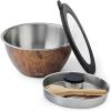 imageSwell Stainless Steel Salad Bowl Kit XL 184oz Onyx Includes 5oz Canister For Dressing Serving Utensils and Removable Tray Leakproof Easy to Clean Dishwasher and Refrigerator SafeTeakwood