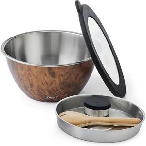 imageSwell Stainless Steel Salad Bowl Kit XL 184oz Onyx Includes 5oz Canister For Dressing Serving Utensils and Removable Tray Leakproof Easy to Clean Dishwasher and Refrigerator SafeTeakwood