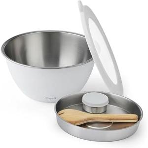imageSwell Stainless Steel Salad Bowl Kit XL 184oz Onyx Includes 5oz Canister For Dressing Serving Utensils and Removable Tray Leakproof Easy to Clean Dishwasher and Refrigerator SafeAngel Food