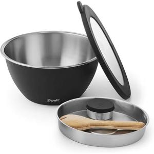 imageSwell Stainless Steel Salad Bowl Kit XL 184oz Onyx Includes 5oz Canister For Dressing Serving Utensils and Removable Tray Leakproof Easy to Clean Dishwasher and Refrigerator SafeOnyx